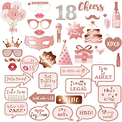 18th Birthday Party Photo Booth Props and Signs, Rose Gold 18 Birthday Party Selfie Props Kit with Sticks for Girls Women, Eighteen 18th Happy Birthday Party Decorations Supplies Favors