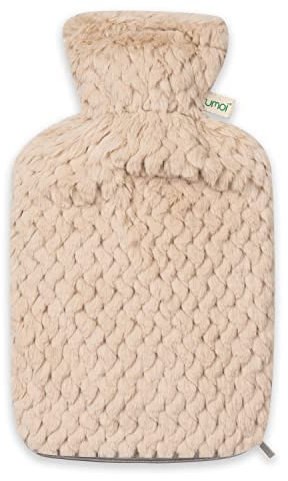 Premium Wärmflasche 2 Liter Naturgummi mit softem Kunstfell Bezug mit Reißverschluss, Bettflasche, Wärmeflasche - - neues Modell (Beige)