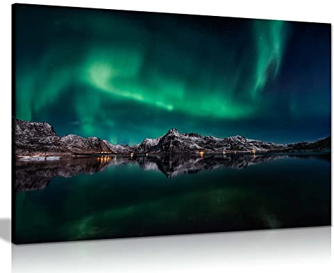 Panther Print Fine Art Prints AURORA BOREALIS Northern Lights Reflection on the Lake Artistic Framed Canvas Print, Pictures for Home Walls, Bedroom, Living Room & Bathroom Decor 91x61cm (36x24in)