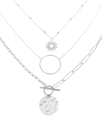 Paloma Bijoux Collana multifila in acciaio chirurgico con motivo a sole e placca martellata, 3 file di catene a cascata, 56 centimeters, Acciaio 316L