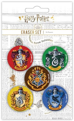 Harry Potter Radiergummi-Set 5 Stück (Hogwarts-Wappen-Design), Hogwarts-Häuser-förmige Radiergummis, Harry Potter-Schulbedarf, Gryffindor, Slytherin, Ravenclaw, Hufflepuff – offizielles Merchandise