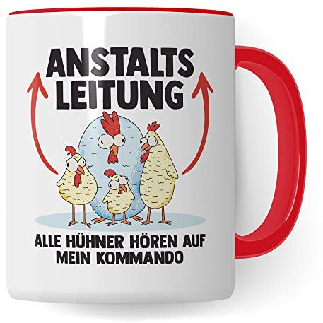 Hühner Tasse Huhn Kaffeetasse Anstaltsleiter Kaffee-Becher Hühnerhalter Geschenk Hühnerbesitzer Geschenkidee Lustig Humor Spruch (Weiß/Rot)