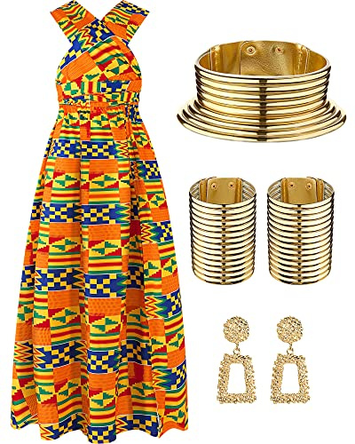 Janmercy 4 Pcs Women African Print Traditional Costume Set Attire Dress Choker Collars Bangle Gold Earring Jewelry(Medium)