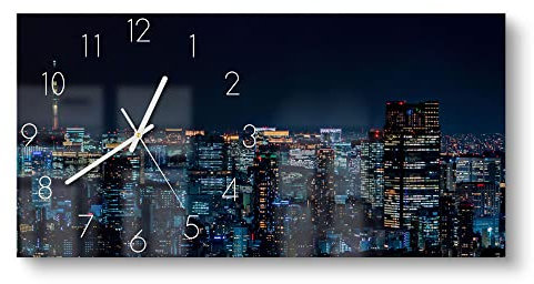 DEQORI Glasuhr | vertikal 60x30 cm | Motiv Tokio bei Nacht | große XXL Design Uhr aus Glas | leise Wanduhr für Wohnzimmer & Küche | Moderne Hingucker Uhr für die Wand