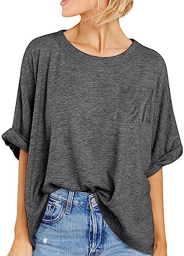 Famulily Womens Oversized Tops Summer T Shirt Casual Short Sleeve Loose Fit Tee Tops Grey M