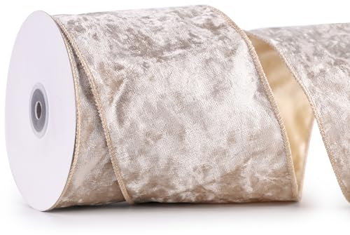 MAYREEL 4 Inch Champagne Gold Crushed Velvet Ribbon Wired Extra Wide Pale Gold for Christmas Decorations Gift Wrapping Wreaths Tree Toppers 10 Yards