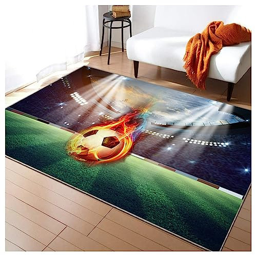 HAZARA Fußballplatz Spielteppich, Eisfeuer Fußball Bedruckt Großflächige Teppiche Sport rutschfest Spielteppich 3D Fußball Mit Flammen Bedruckten Teppichen Für Schlafzimmer(G,200x300cm/6x10ft)