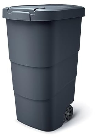 Spetebo Poubelle carrée en plastique avec roues et poignée - 110 l - Poubelle de jardin noire avec couvercle - Poubelle universelle avec roulettes - Grand conteneur