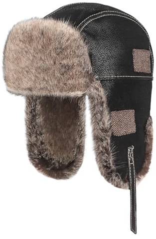 Leather Trapper Hat with Ear Flaps Unisex Waterproof Winter Hunting Hat Faux Fur Bomber Hat Russian Trooper Hat Earflap Hat Warm Thick Ushanka Hat Skiing Cycling Hat Aviator Cossack Hat for Men Women
