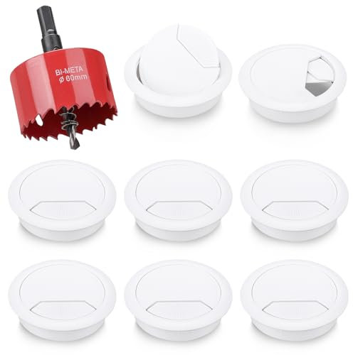 8Pcs Desk Grommet with Hole Saw,60mm Cable Wire Grommet Computer Grommet Wire Hole Cover Wire Organizer Round for Home and Office Table Cable Cord Management (White)