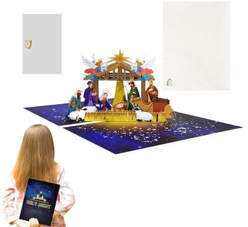 tongfeng Pop Up Karte Krippe - 3D Religiöse Karte, Nostalgische 3D Karte mit christlichem Motiv für Frauen und Kinder, handgefertigte Karte für