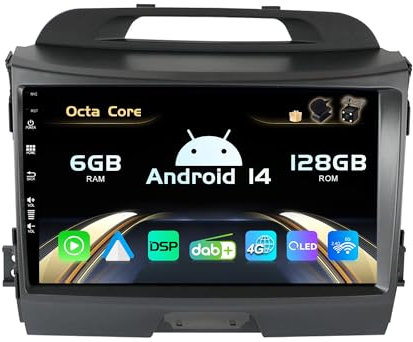 SXAUTO (Built-in 4G / DAB) Android 14-6G+128G Autoradio Per Kia Sportage (2010-2015) - Senza fili CarPlay/Android Auto - Camera + MIC - Fast-boot Volante 360-CAM HDMI DSP WIFI -2 Din IPS 9 Pollici
