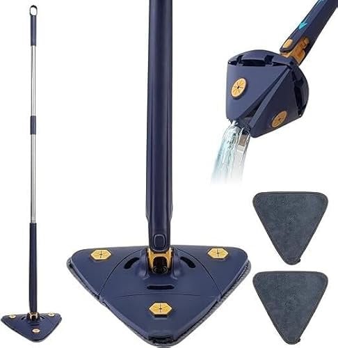 MY HOMIE 360° Rotatable Triangular Cleaning Mop, Foldable Automatic Water Squeezing Wall Mop with Super Absorption and 2 Microfiber Cloths for Floor, Wall, Ceiling, and Window Cleaning - Blue