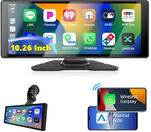 Podofo Autoradio Portable IPS 10,26 avec écran Tactile sans Fil Carplay Android Auto Récepteur multimédia numérique Écran Tactile 7-32 V avec Bluetooth/Transmetteur FM/AUX/GPS/Airplay/SD/TF