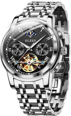 OUPINKE Herrenuhr Automatik Luxus Skelett Mechanik Schwarz Zifferblatt mit Mondphase Tourbillon Tag Datum Wasserdicht Luminous Silber Edelstahlarmband