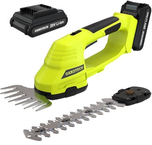 Gardtech Tagliasiepi per erba e arbusti a batteria da 20 V, con lame più larghe, 2000 mAh, agli ioni di litio 2 in 1, senza attrezzi, con batteria e caricatore