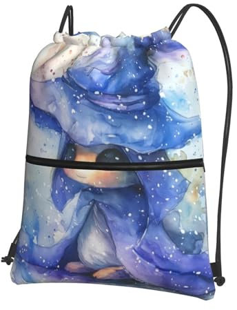 RAIZHE Little Blue Wizard Outdoor-Freizeit-Rucksack mit Kordelzug, multifunktional, langlebig und leicht, mit 1 kleinen Reißverschlusstasche innen für das Fitnessstudio, Schwarz , One size