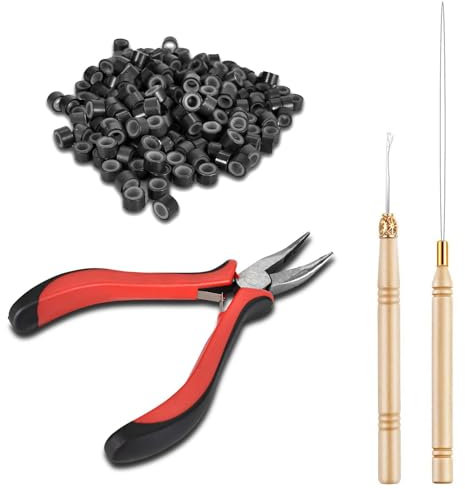 Colexy 4 in 1 Haarverlängerung Werkzeug, Extensions Set mit 200 Stück Microringe, 1 Stück Zange, 2 Stück Häkeln, Silikon Nanoringe Werkzeug für Perücke Lametta Haar (Schwarz)