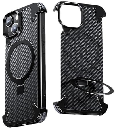 HUHUCASE New Model for iPhone 15/14 Promax Metal Phone Case Airbag Anti-Fall Carbon Fiber Magnetic Bracket Protective Case (Black,iPhone 14 ProMax)