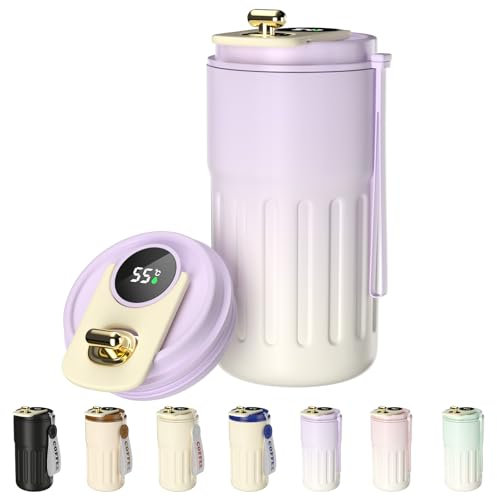 Homealexa Taza de café con pantalla digital, termos, 410 ml, acero inoxidable 316, taza de viaje aislada, a prueba de fugas, taza de viaje con tapa para café (Morado)