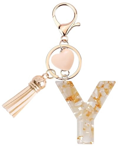 Vorysum Porte-clés pour fille - Pendentif en forme Cœur - Porte-clés avec lettre porte-clés fille initiale- Cadeau pour femme gland or porte clef femme，beige-Y