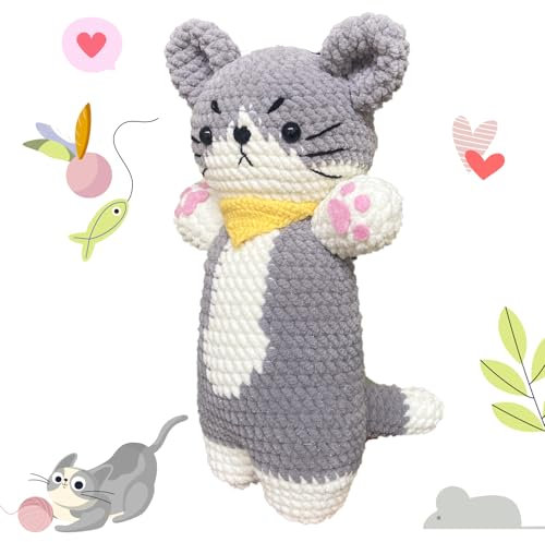 Y-times Häkelset für Anfänger, Häkelset mit grauer Katze, Häkeln lernen für Erwachsene und Kinder, süßes Schaf-Strickset, Zubehör, inklusive Garnhaken, mit Schritt-für-Schritt-Video-Tutorials