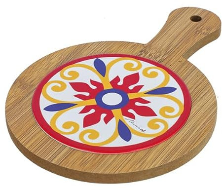 DLM-A347 Bomboniera utile Sottopentola Tagliere tondo in Legno e Ceramica decori maioliche cm 20x14 decorazioni con scatola Matrimonio Comunione Cresima Battesimo 18 Compleanno