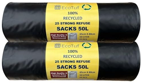 EcoTuf - 50 Pack Extra Heavy Duty Refuse Sacks, 50L, 35Kg Weight Resistant, Bin Bags, Garbage Bags, Leak Resistant, Eco-Friendly, Disposable, Perfect for Household, Garden, Commercial & Building Use