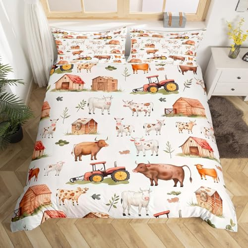 Homewish Bauernhof Tiere 135x200 | Bettbezug Land Land Kuh Tröster Bezug Jungen Mädchen Kinder Cartoon Traktor Bettwäsche Set Rustikale Bauernhaus Bettbezug