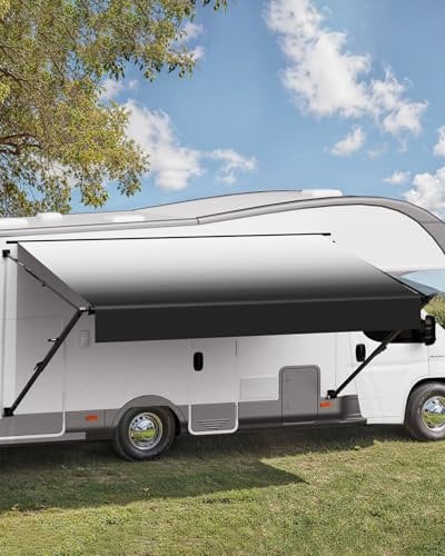 VEVOR Wohnwagen Markise universelle einziehbare Markisen (426,7 cm) wasserdichter Sonnenschutz mit Aluminiumlegierungsrahmen, Außenmarkise mit schwarzem Ständer und schwarzen Stoffen mit Farbverlauf