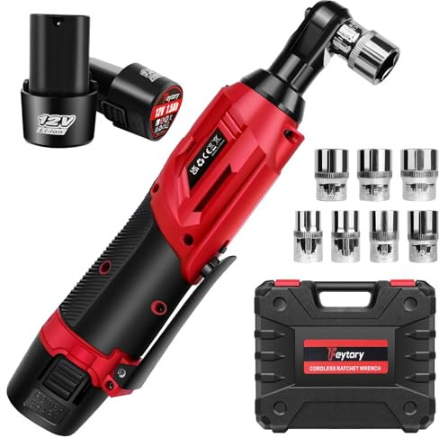 AutoBaBa 3/8'' Cordless Ratchet Wrench, 12V Electric Ratchet 40N.m with 7 Sockets Set, 2 * 1.5Ah Batteries & Charger, 0-300RPM 90° Angle Wrench Battery Ratchet, Electric Wrench with LED Light