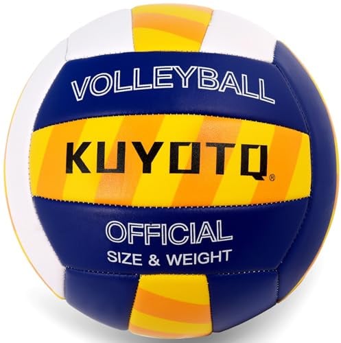 KUYOTQ Beachvolleyball - Strandvolleyball Offizielle Größe 5, mit Klassischen Streifen in Gelb, Blau & Weiß - Weiche 3mm Oberfläche für Indoor & Outdoor, Jugendliche und Erwachsene