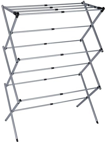 T-LOVENDO.ES Tendedero Plegable Vertical y Extensible de 43 a 75 cm. 6 Niveles 11 Barras, Ligero, Robusto y Estable, metálico. Gran Capacidad de Ropa. Ahorra Espacio. Interior y Exterior. Gris