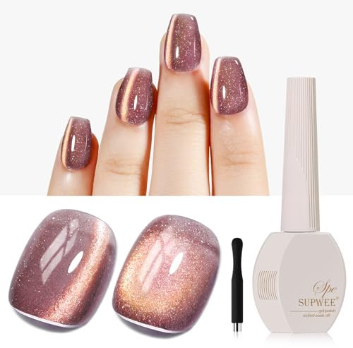 SUPWEE Brown Cat Eye Gel Nail Polish, Magnetic Crystal Reflective Long-Lasting Holographic Cat Eye Gel Polish with Magnet Stick for DIY Manicure Art 15ml