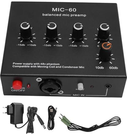 Préampli Micro, 60 DB Gain élevé 48V Power 3,5 Mm 6,35 Mm XLR Préamplificateur de Micro de Sortie de Sortie, Préampli Microphone pour Micro à Condenseur Dynamique (Prise UE)