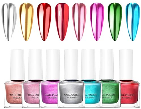 8 Farben Metallice Nagellack Set, Metallics Spiegeleffekt Nagellack Set Langlebiger Metall Gel Nail Polish Für Frauen Zuhause Salon Partys Hochzeit Urlaub