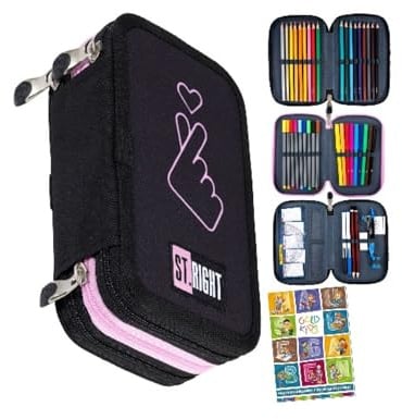 Goldkids - Federmäppchen 3 Fächer - Mäppchen für Mädchen und Jungen - Federmappe 3-Fach Federtasche 46-teilig Gefüllte Schüleretui Hausaufgabenheft- Liebe Motiv