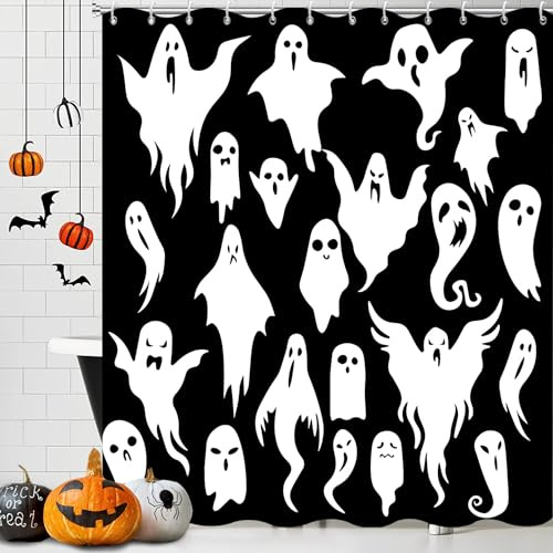 GCIREC Duschvorhang, 180x200cm, Schwarz und Weiß Halloween Süße lustige Geister Icons Wasserdichter Stoff Maschinenwaschbarer Badezimmervorhang mit Haken