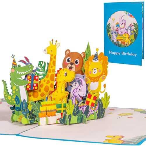 LINPOPUP® 3D Pop Up Karte Dschungeltiere Party – Lustige Geburtstagskarte für Kinder, Handgemachte Grußkarte mit Tieren & Ballons, inklusive Umschlag – Happy Birthday Karte, Zoo Gutschein, N227