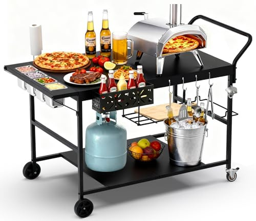 Lezbanz Mesa de horno de pizza con estación de cobertura, carrito de horno de pizza al aire libre, mesa de carrito de parrilla para plancha Blackstone, estación de preparación de pizza con bandeja de