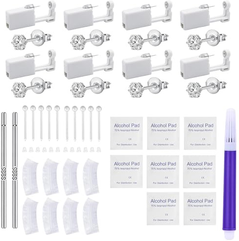 37 Pcs Ear Piercing Gun Kit, Disposable Ear Piercings Flat Back with 8 Ear Studs & Alcohol Pad, 2 S925 Silver Stick, Crown Zircon Silver Ear Sticks, Pain-Free Allergy Safe Home Piercing Experience