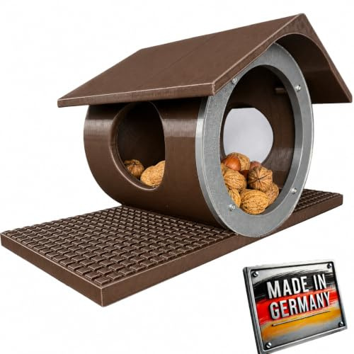 Eichhörnchen-Futterhaus mit seitlichen Rundöffnungen – leicht zu reinigen Dank herausnehmbarer Kartusche (Braun, mit grauem Frontring)