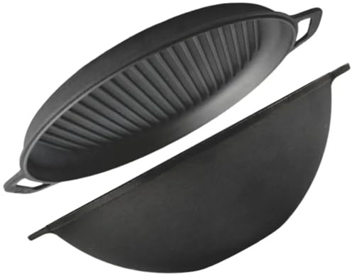 BIG-PAN Ø36 cm Wok 8L Gusseisen mit Deckel-Grillpafnne Pfanne BRIZOLL Schmortopf Gusseisen Asia Wokpfanne für Gasgrill, Herd, Ofen, Lagerfeuer Asia Gusseisenpfanne Induktionsgeeignet Cast Iron