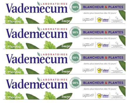 Vademecum - Zahnpasta – Weiß und Pflanzen – Minze und Salbei – weißere Zähne ab 10 Tagen – 98% Inhaltsstoffe natürlichen Ursprungs – vegane Formel – Tube mit 75 ml – 4 Stück