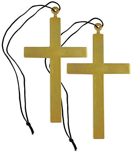 com-four® 2 Halsbänder mit großen Priesterkreuzen zum Verkleiden an Fasching, Karneval oder Halloween - Halskette mit Kreuz für Priester-, Pfarrer-, Bischof- oder Nonnenkostüm (goldfarben/schwarz)