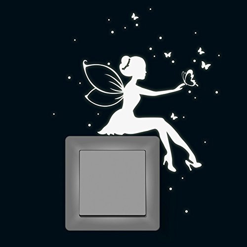 Wandtattoo Leuchtsticker Fee Elfe mit Schmetterlinge und Sterne fluoreszierender Lichtschalteraufkleber nachtleuchtender Wandsticker Leuchtsticker Aufkleber M1742