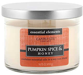 Candle-Lite 6094 Duftkerze mit 3 Dochten Pumpkin Spice and Honey mit ätherischem Sojaöl, Wachs, Weiß, 11,5 x 11,5 x 8,5 cm