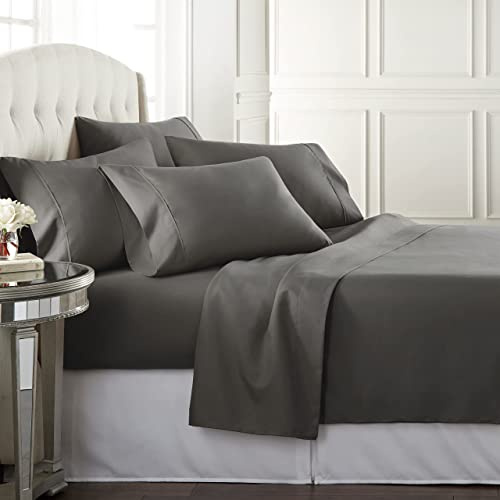Danjor Linens Bed Sheet Set King Size for Hot Sleepers, Hotel Premium Sheets with 4 Pillowcases, Lightweight Brushed Microfiber Deep Pockets, Breathable Cooling 6 Piece Bedding Sets, Gray