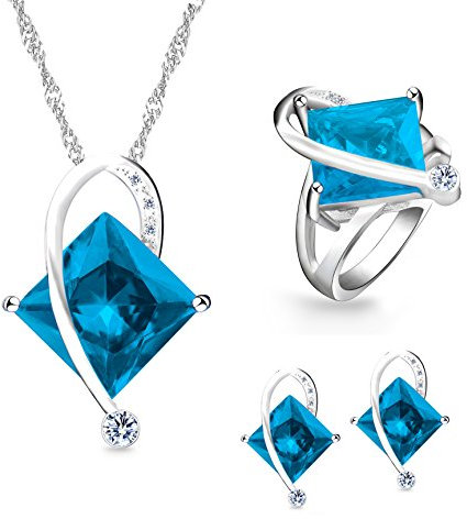 Uloveido Mädchen 'Platin überzogene Messing Blau Simulierte Square Diamond Charm Anhänger Halskette Piercing Ohrringe Solitaire Fingerringe Hochzeit Promise Schmuck Set (Blau, Größe 54) T295