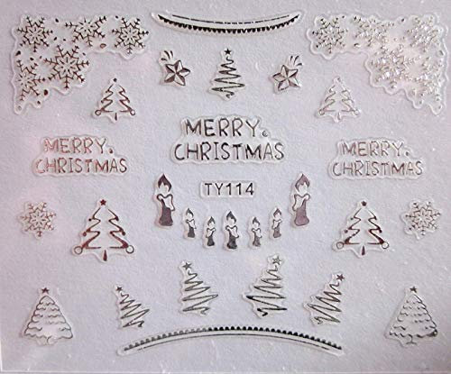 Nail Art 3D Stickers - Christmas Gold & Silver (TY114 Silver Merry Xmas Trees Snowflakes Candle)